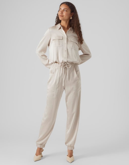 Vero Moda utility shirt and cargo pants set in liquid satin stone