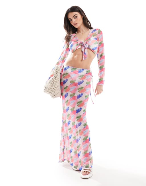 Vero Moda – Zestaw w jaskrawy akwarelowy wzór: bikini i narzutka