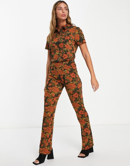Vila - Co-ord set van gebreide polotop en flare-broek met retro bloemenprint