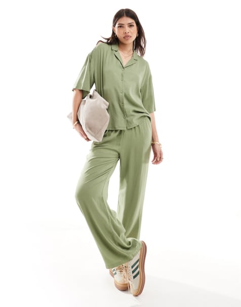 Vila - Coordinato con camicia e pantaloni allacciati in vita effetto lino verde - view 1