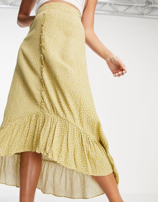 Vila - Coordinato con top a canottiera con dettagli con volant e gonna con fondo a balze bianco, color lime a pois