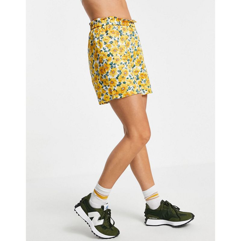 Donna Coordinati Vila - Coordinato con top con scollo quadrato e pantaloncini, colore giallo a fiori