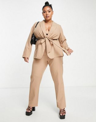 Vila Curve tailored blazer and suit trouser co-ord in camel