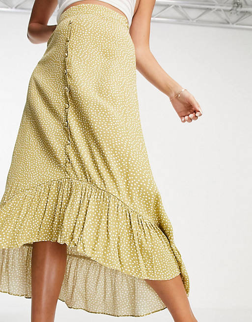 Vila frill detail cami top and tiered hem skirt co-ord in lime spot