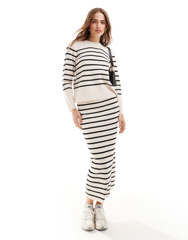 Vila - lightweight knit jumper and maxi skirt co-ord in cream stripe