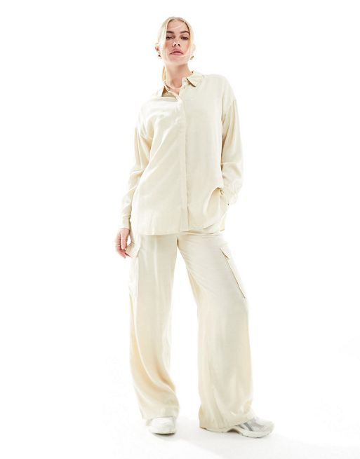 Vila loose fit shirt and cargo trouser co-ord in beige sheen