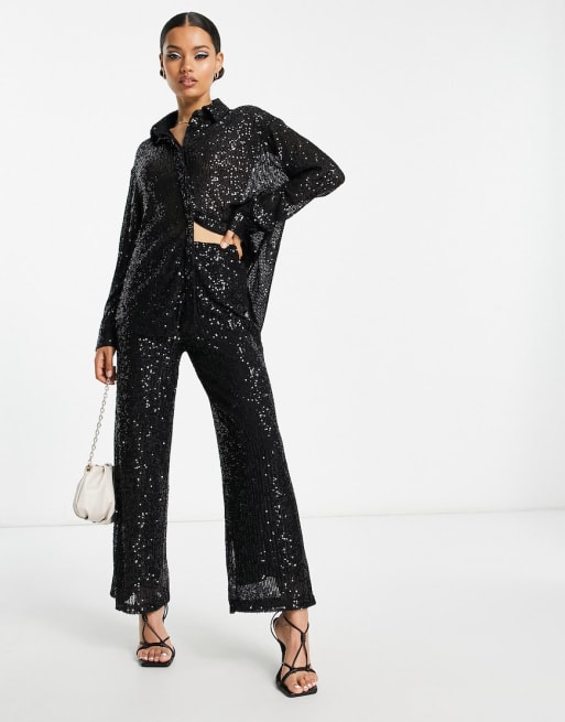 Fun Black Sequin Wide Leg Pants - All Sparkles