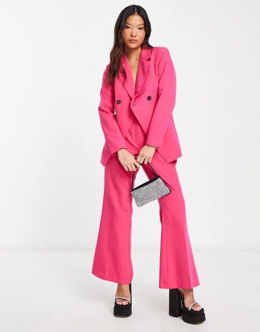 Women Hot Pink Fitted Blazer + Flare Trousers Pants Suit