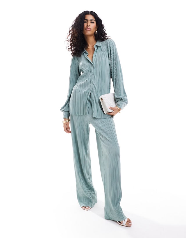 Vila - plisse shirt and wide leg trouser co-ord in sea breeze