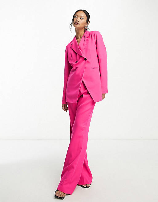 presentation lobby Shopkeeper Vila tailored asymmetric blazer and flared pants set in bright pink | ASOS