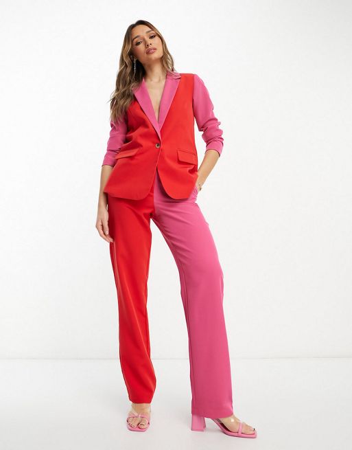 Vila tailored color block blazer and tapered pants set in red and pink ...