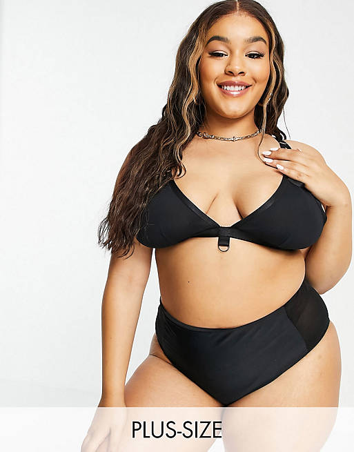 We Are We Wear Curve eco mesh leg harness detail high waist thong in black