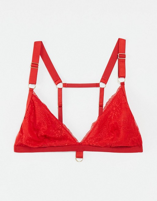 We Are We Wear Fuller Bust lace ring detail halter triangle bralette in red - RED