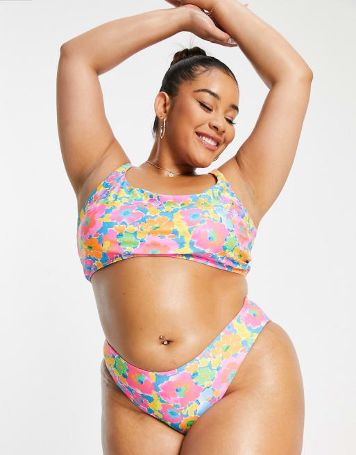 We Are We Wear Plus – Sonia – Neonfärgad, retroblommig bikiniunderdel - MULTI