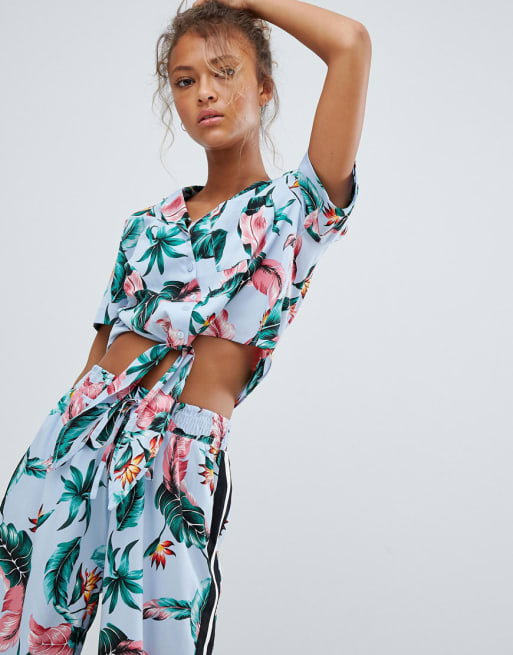 Wednesday's Girl cropped boxy shirt & pants in palm floral two-piece