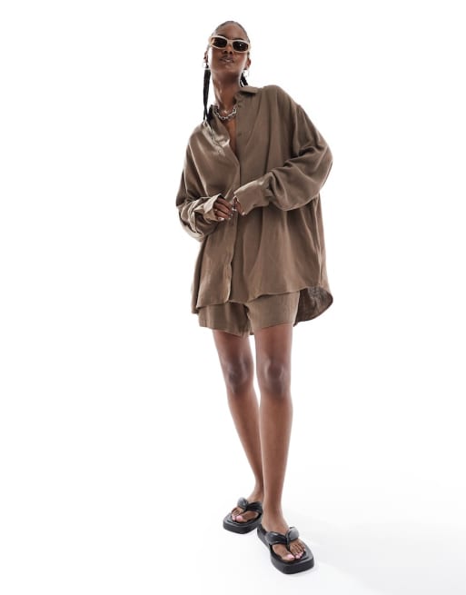 Weekday - Perfect - Co-ord set van linnenmix  van short en overhemd in bruin
