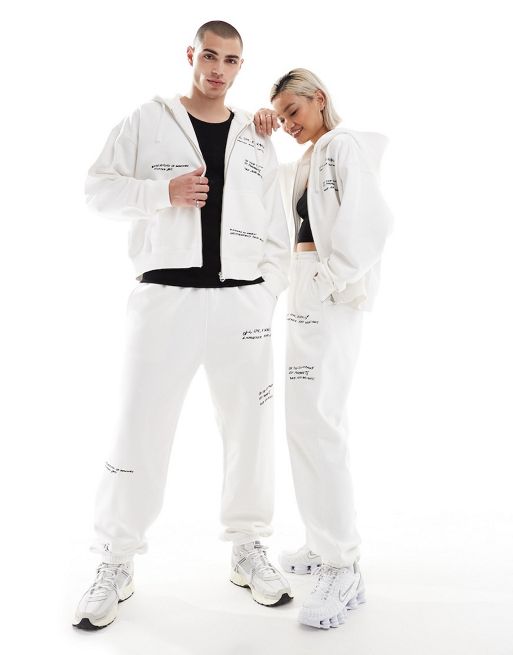  Weekday Unisex co-ord hoodie and joggers with graphic text print in off-white ex