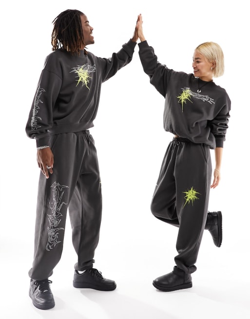 Weekday Unisex co-ord rhinestones and graphic print in charcoal exclusive to ASO