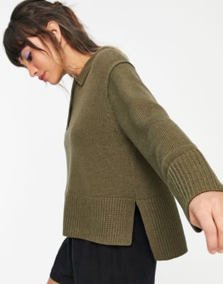 Whistles button front polo knitted jumper and casual trousers co-ord in khaki