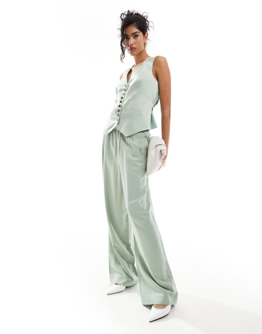 Whistles Rita luxe waistcoat & pants set in sage green