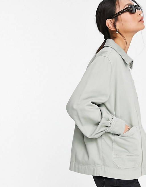 Whistles zip front cargo shacket and pleat detail jean co-ord in pale green