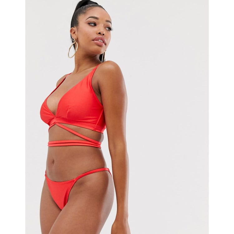 ASOS DESIGN fuller bust gathered deep wrap crop bikini top in red