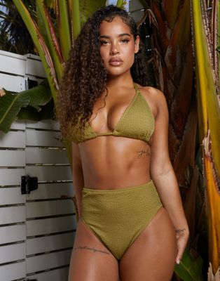 Wolf & Whistle x Malaika Terry Fuller Bust Exclusive mix and match underwire bikini top in khaki crinkle