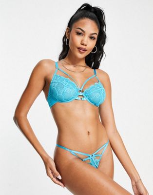 Wolf & Whistle X Megan lace lingerie set with strapping detail in blue