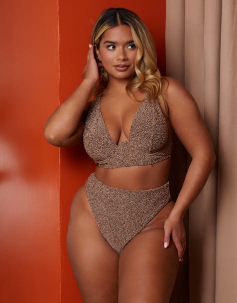 Wolf & Whistle X Natalie Gessey Fuller Bust bikini in gold metallic - view 1