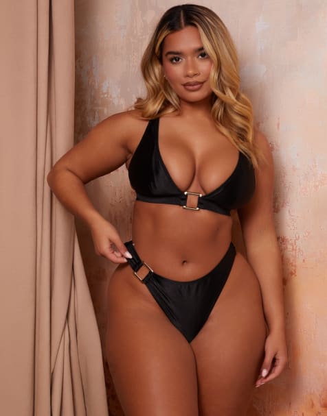 Wolf & Whistle X Natalie Gessey – Fylligare Byst – Svart bikini med guldfärgade detaljer - view 1