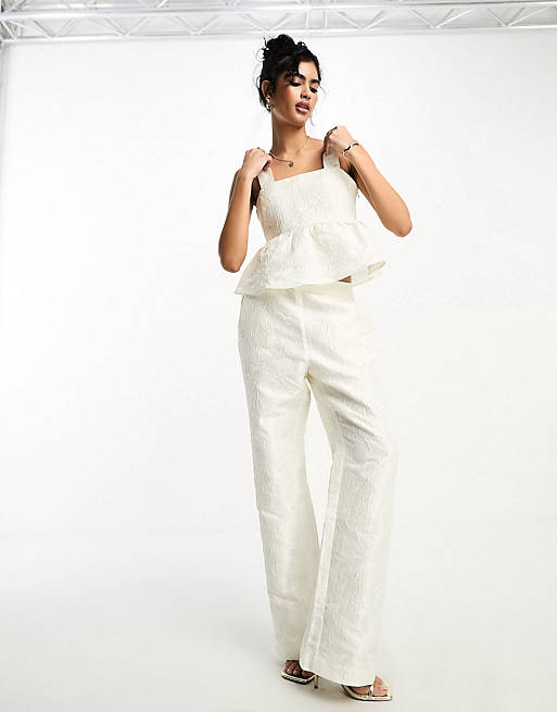 Y.A.S Bridal jacquard peplum top and pants set in white