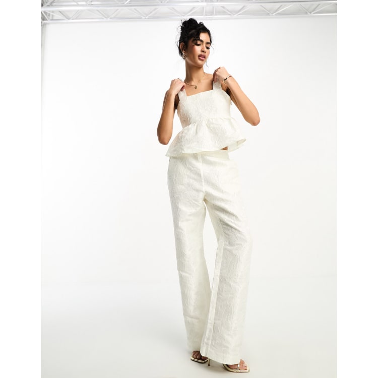 Y.A.S Bridal jacquard peplum top and pants set in white