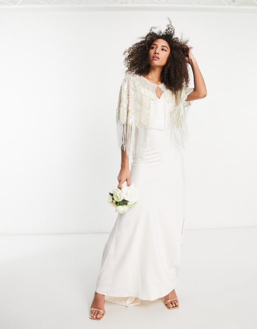 Y.A.S Bridal satin cami maxi dress and Bridal sequin fringe cape in white ASOS