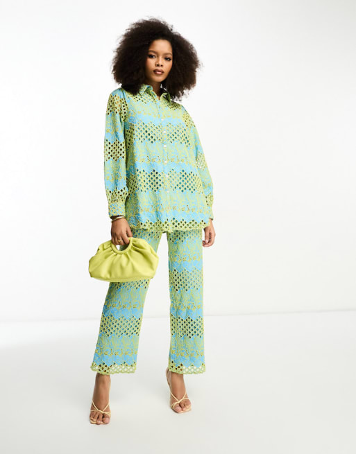 Y.A.S broderie oversized shirt and trouser co-ord in blue and yellow