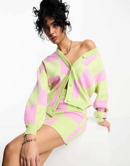 Y.A.S checkerboard knitted mini skirt co-ord in pink and green