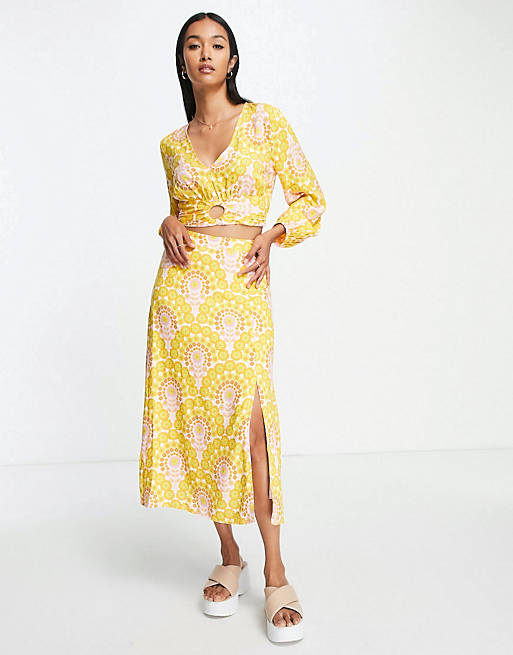 Y.A.S crop top and skirt set in yellow print