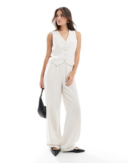 Y.A.S - Ensemble pantalon large et gilet de costume effet lin - Sable neutre