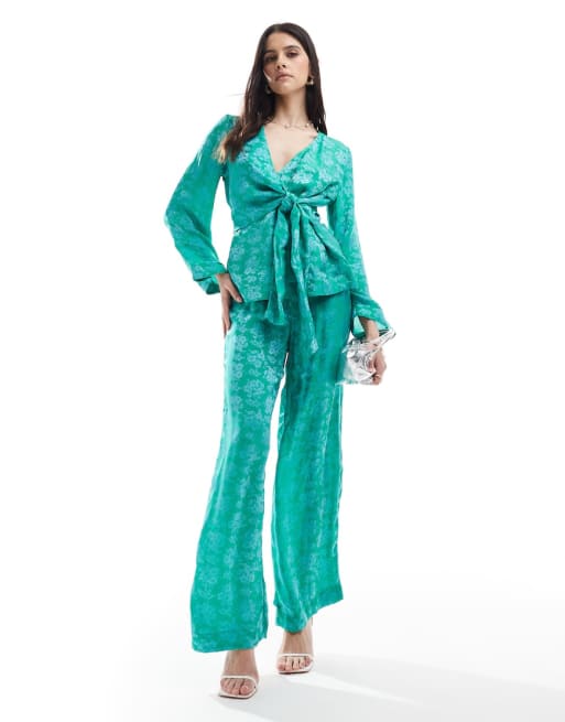 Y.A.S - Ensemble top cache-cœur à manches amples noué sur le devant et pantalon large en jacquard - Sarcelle