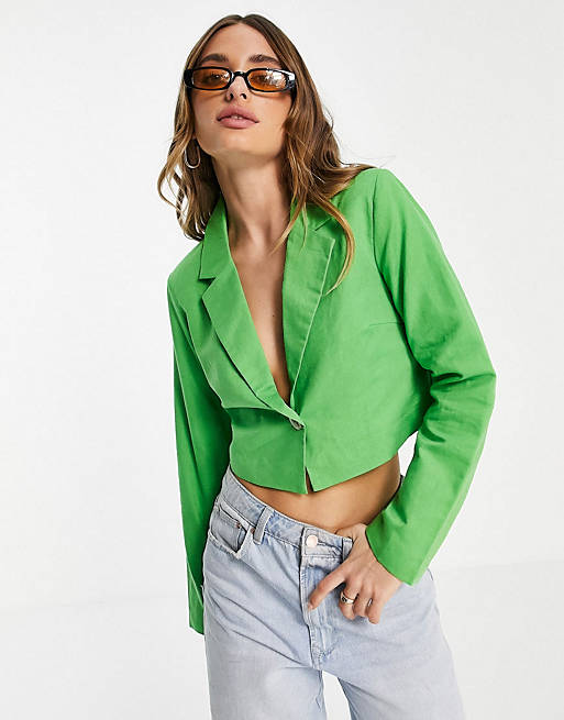 Y.A.S exclusive tailored cropped linen blazer and midi skirt in green