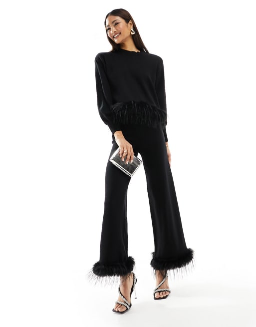 Y.A.S faux feather trim sweater and pants set in black