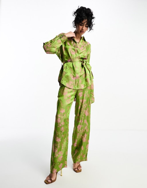 Y.A.S floral jacquard belted shirt and pant set in green and pink