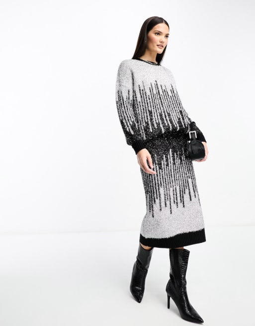 Y.A.S – Glitzerndes Strickset mit Pullover und Midirock mit Farbverlauf in Silber und Schwarz
