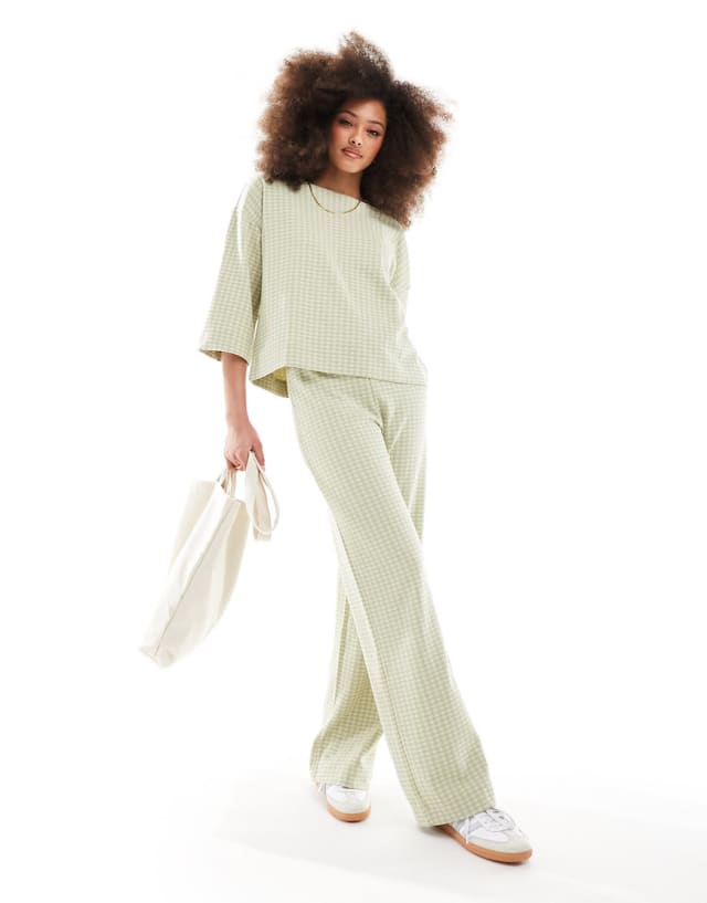 Y.A.S - jersey knit oversized t-shirt and trouser co-ord in green check