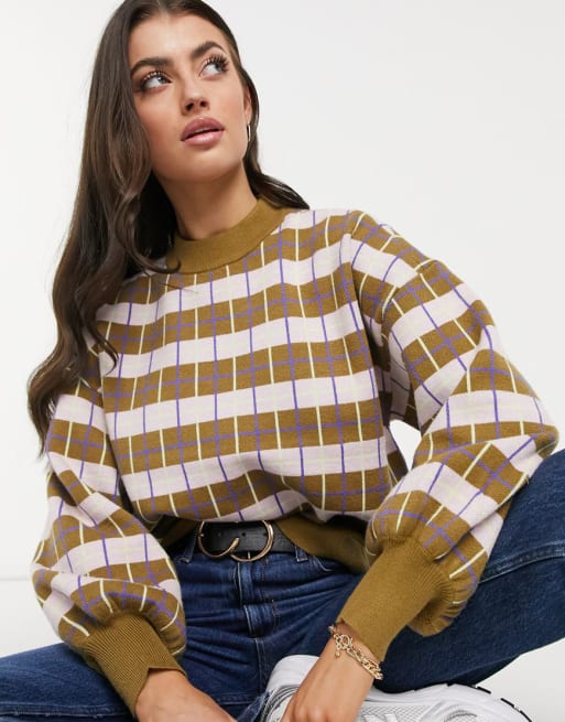 Y.A.S knitted co-ord in khaki and purple check