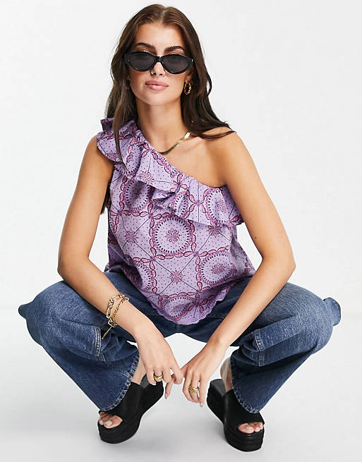 Y.A.S organic cotton top & trousers in purple tile print