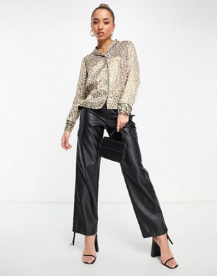 Y.A.S satin shirt and trousers co-ord in leopard print