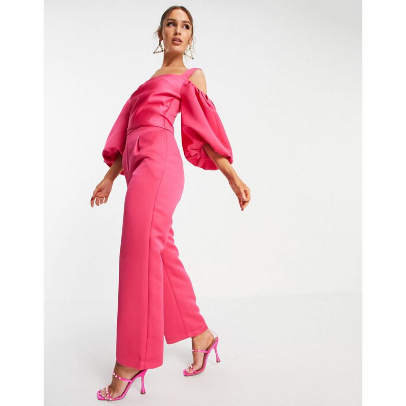 Donna Pantaloni e leggings Yaura - Coordinato con top con maniche oversize e spalline e pantaloni sartoriali rosa vivo
