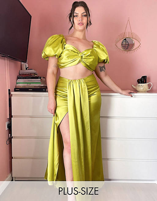 Yaura Plus twist front puff sleeve top and drape midaxi skirt co-ord in lime gre