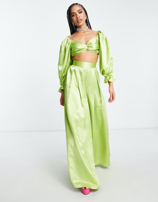 Yaura – Set aus kurzem Oberteil und Hose mit weitem Bein in Limettengrün