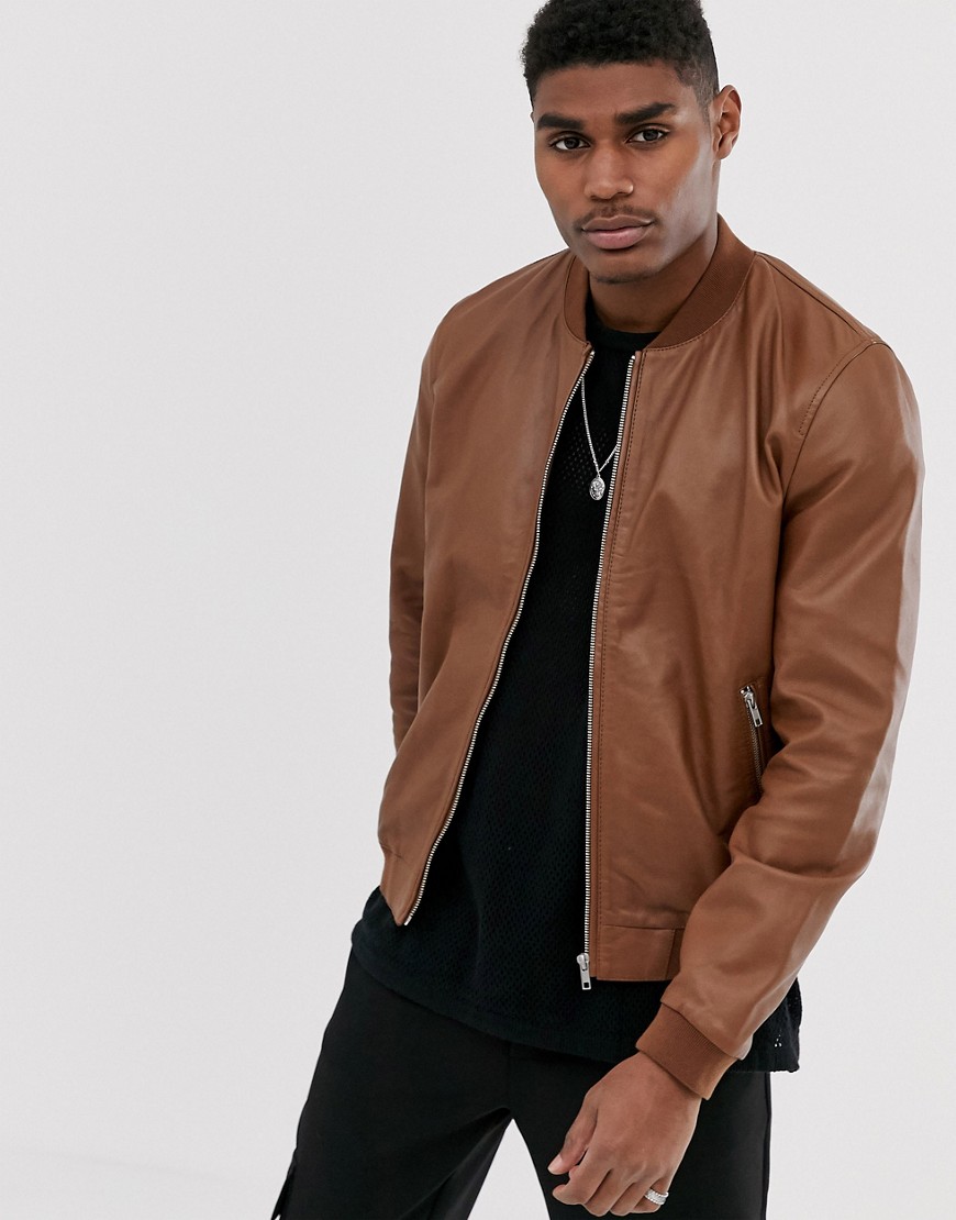 ASOS DESIGN leather bomber jacket in tan